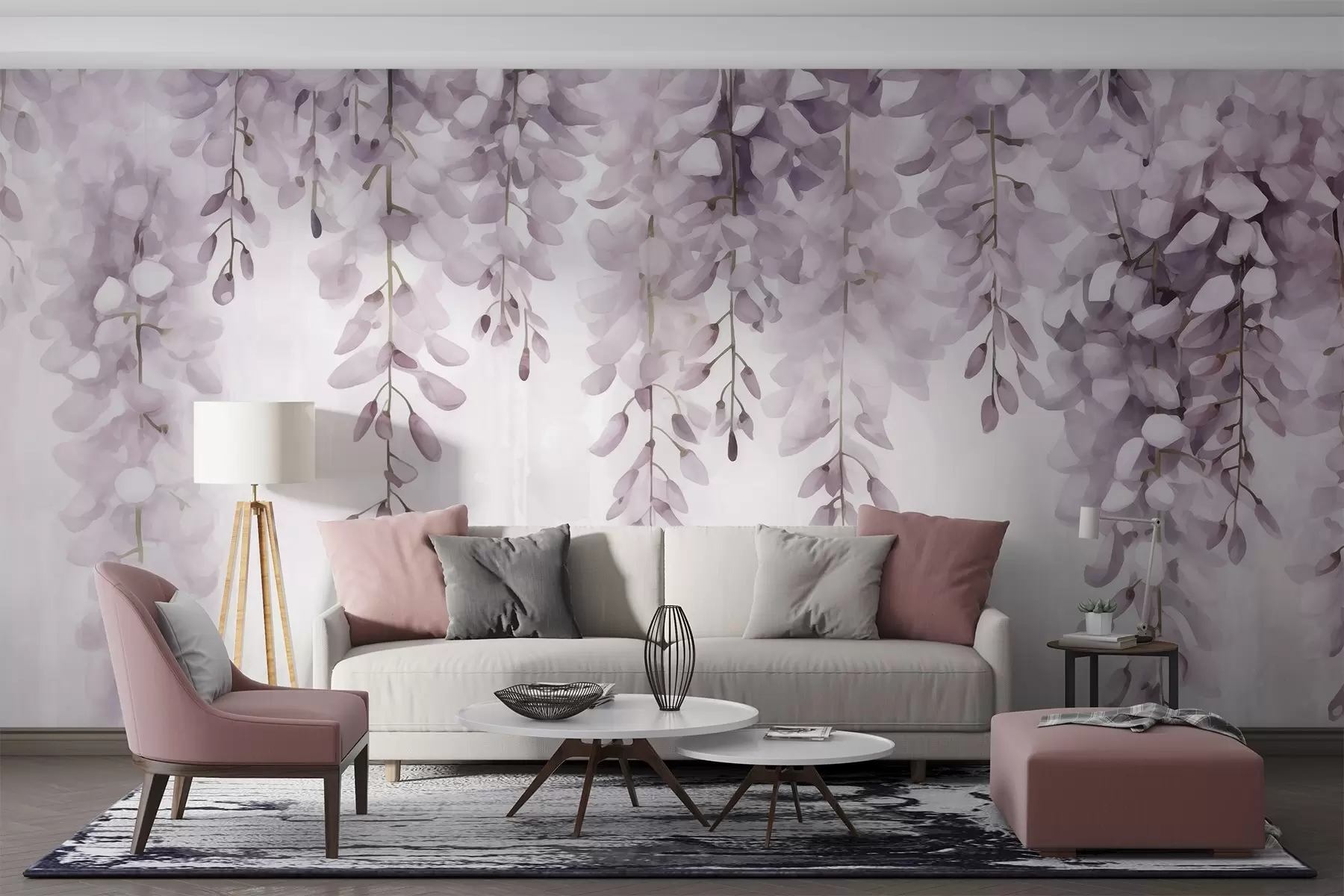 peintures murales Scène d'aquarelle avec une glycine lilas douce tombant en cascade, évoquant le calme et la clarté d'une brume matinale w04034v3