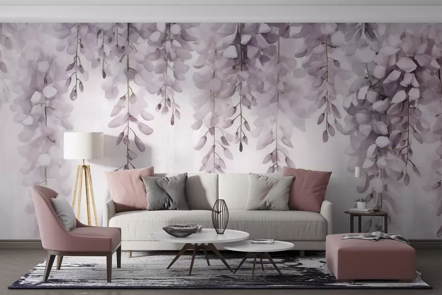 peintures murales Scène d'aquarelle avec une glycine lilas douce tombant en cascade, évoquant le calme et la clarté d'une brume matinale w04034v3