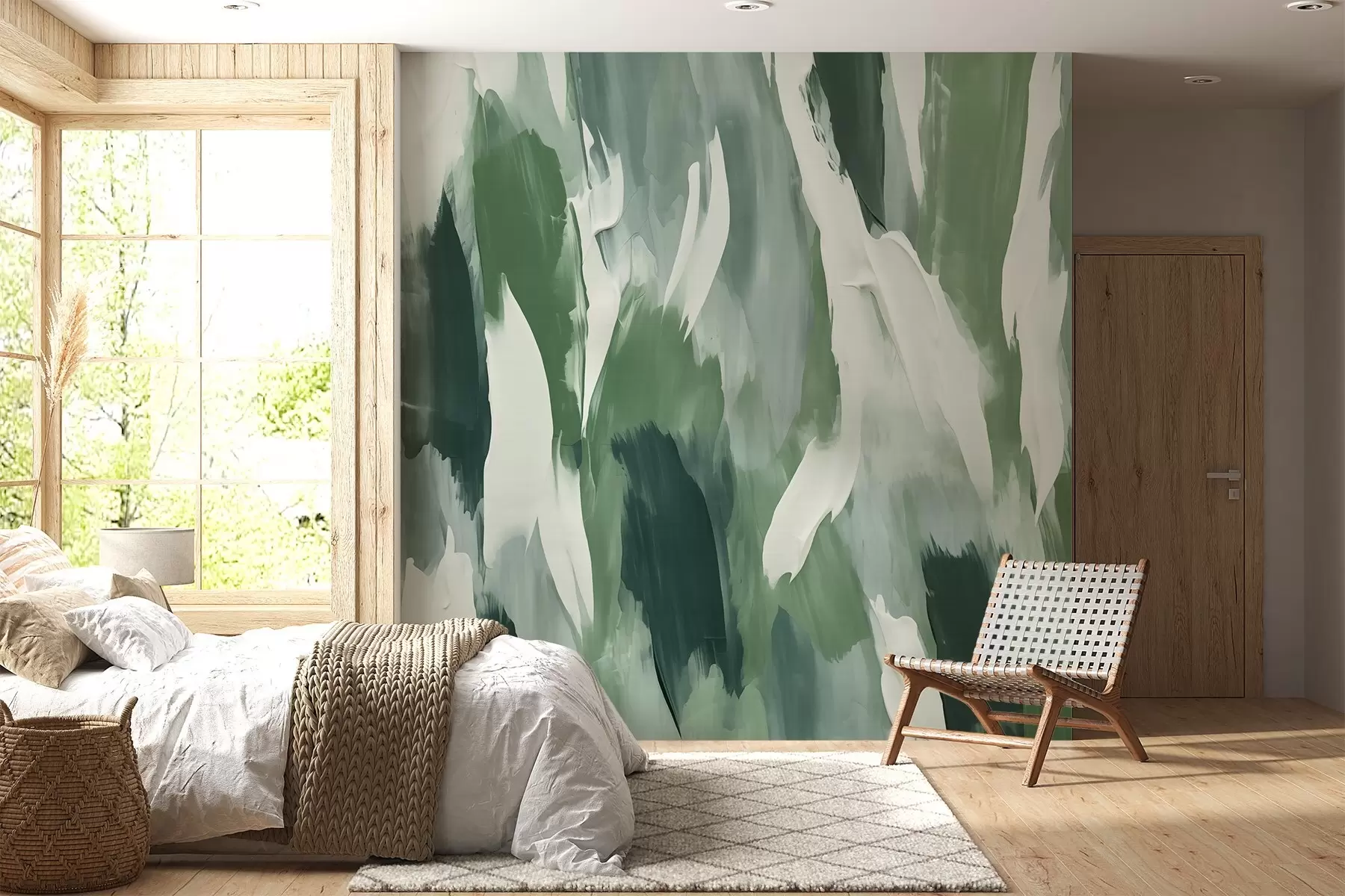 Wall Mural Photo Wallpaper Abstract texture of bold green and cream brushstrokes, evoking the rhythm of wind-blown foliage and organic motion w04035