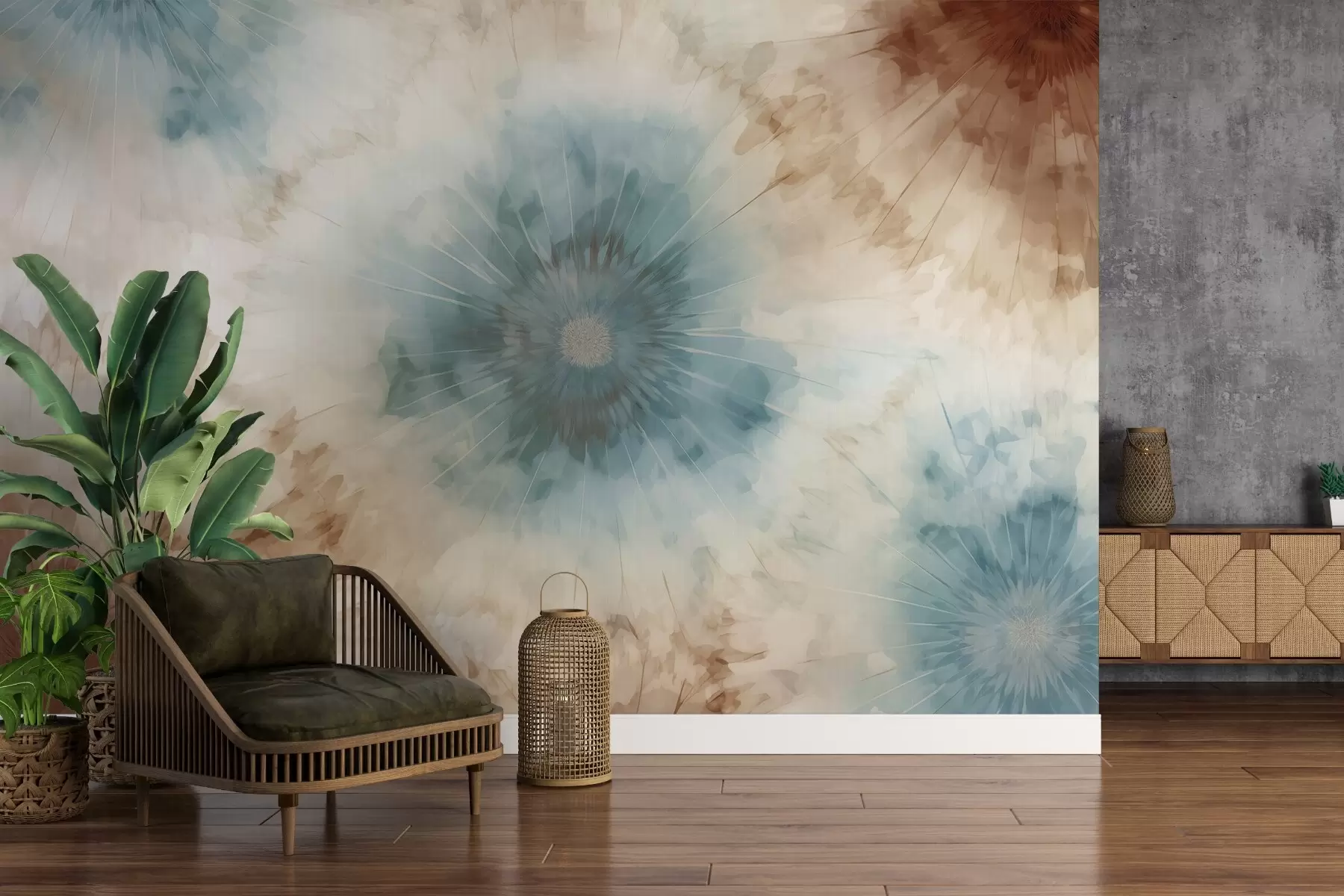Wall Mural Photo Wallpaper Radiating bursts in sky blue, clay, and ochre tones create a gentle interplay of grounded energy and airy expansion, evoking the pulse of nature w04036