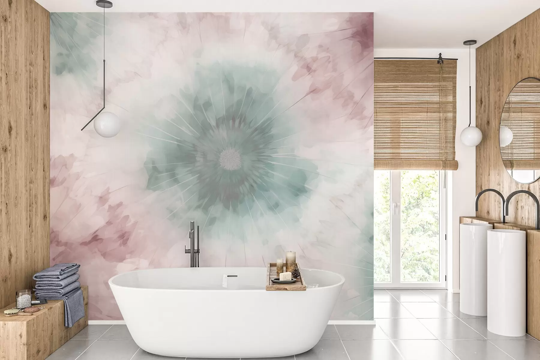 Wall Mural Photo Wallpaper Watercolor radial pattern blending misty greens and dusty pinks, evoking the softness of morning dew and the first breath of day w04036v2