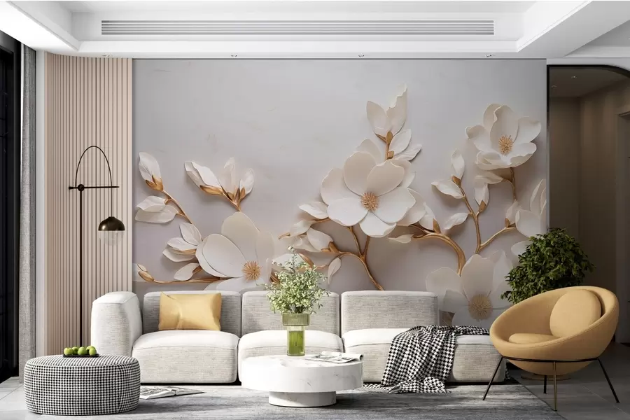 murais de parede Flores elegantes em relevo com caules de tons suaves formam um cenário tranquilo e harmonioso w04039