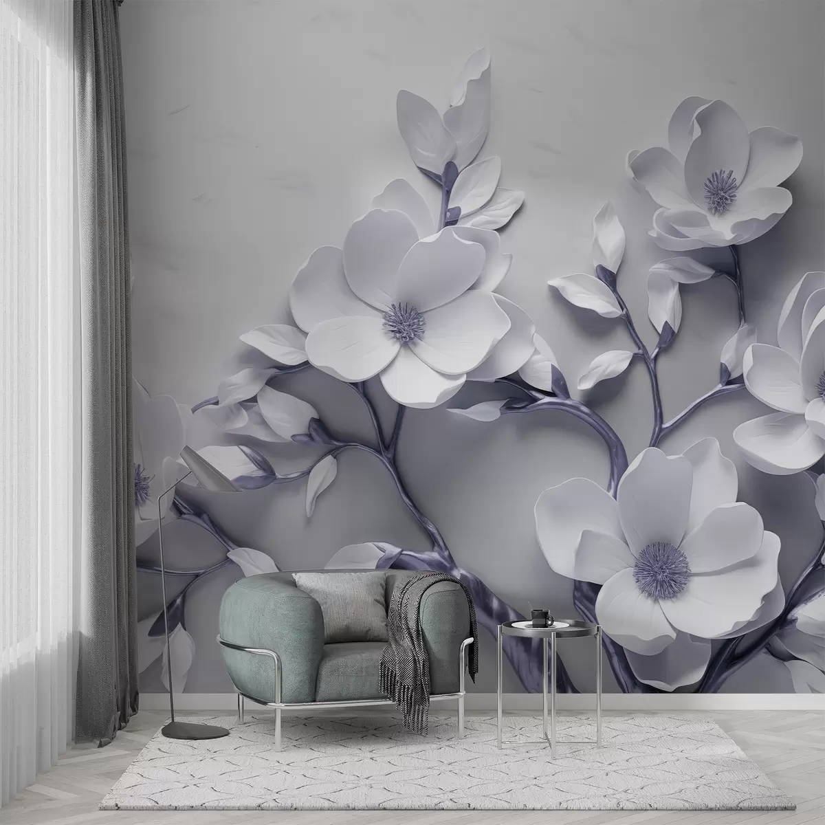 Wall Mural Photo Wallpaper Dimensional floral design in soft white and violet-grey tones w04039v1
