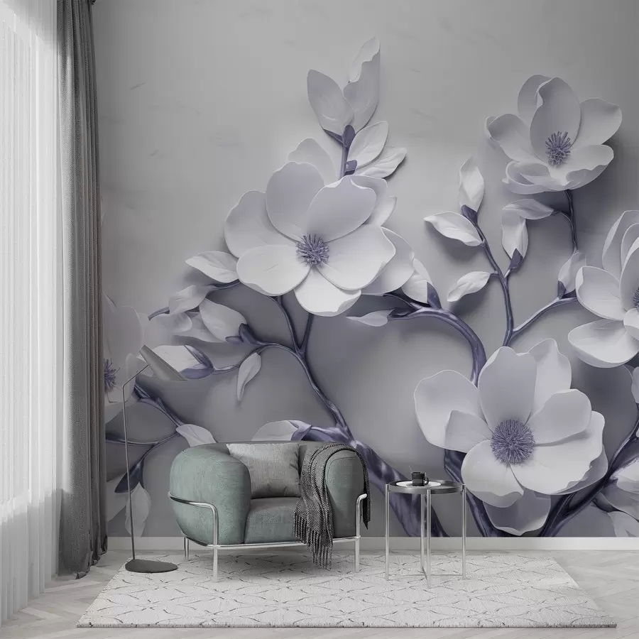 Wall Mural Photo Wallpaper Dimensional floral design in soft white and violet-grey tones w04039v1