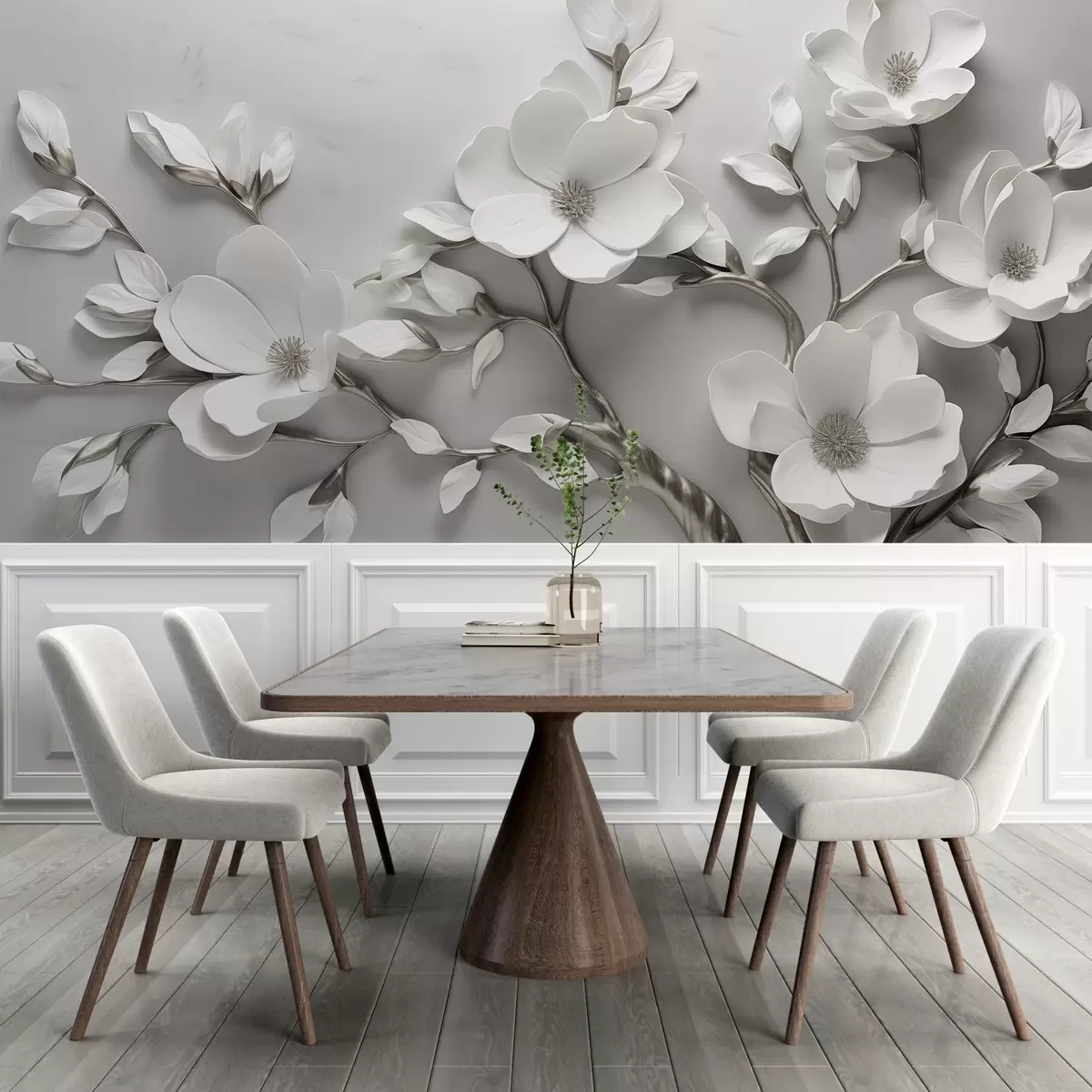 murales Rama floral dimensional en blanco puro y tonos neutros w04039v2