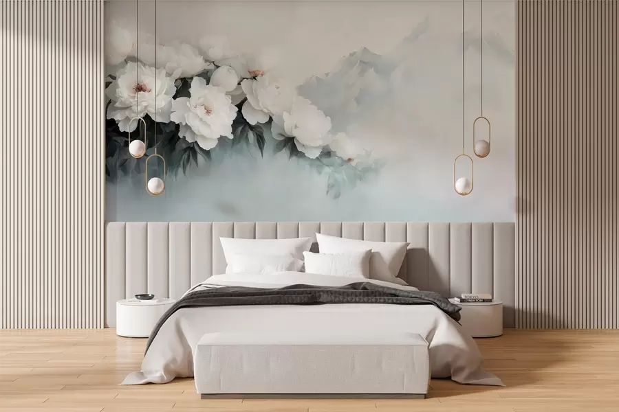 murales pintorescas y exuberantes peonías blancas con las montañas neblinosas como telón de fondo w03965