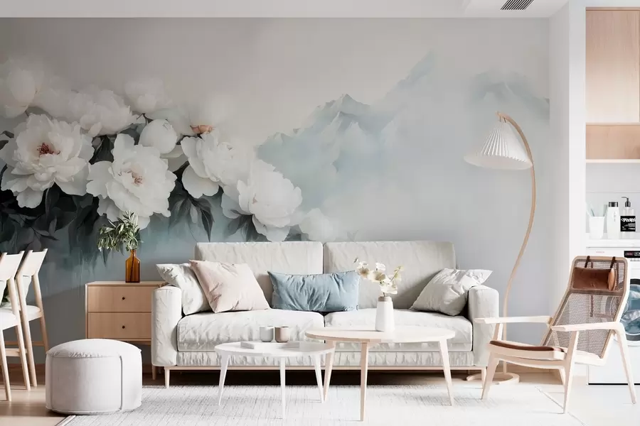 peintures murales pittoresques pivoines blanches luxuriantes sur fond de montagnes brumeuses w03965