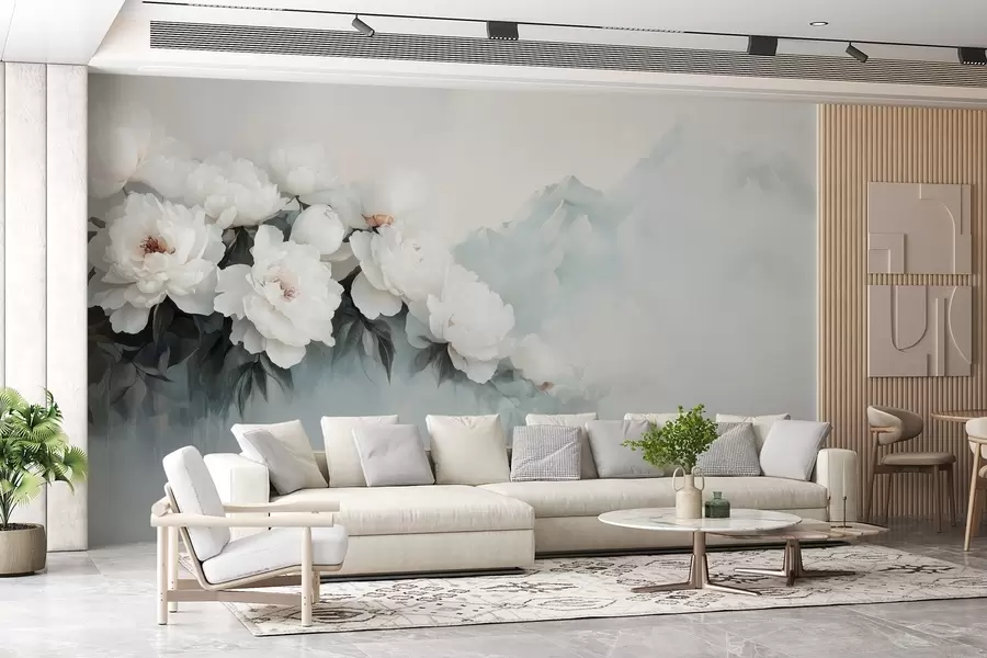 wall murals picturesque lush white peonies against the backdrop of foggy mountains w03965