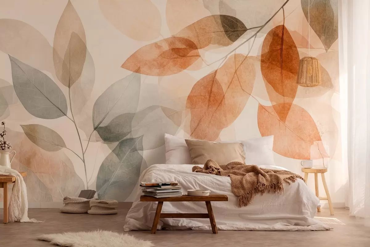 Wall Mural Photo Wallpaper watercolor-style leaves in shades of sepia and gray w04024