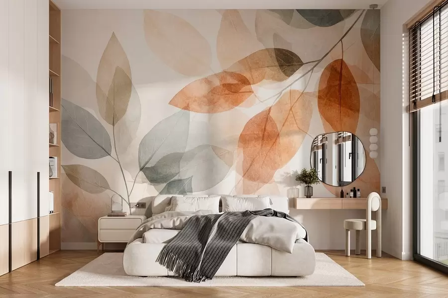 Wall Mural Photo Wallpaper watercolor-style leaves in shades of sepia and gray w04024