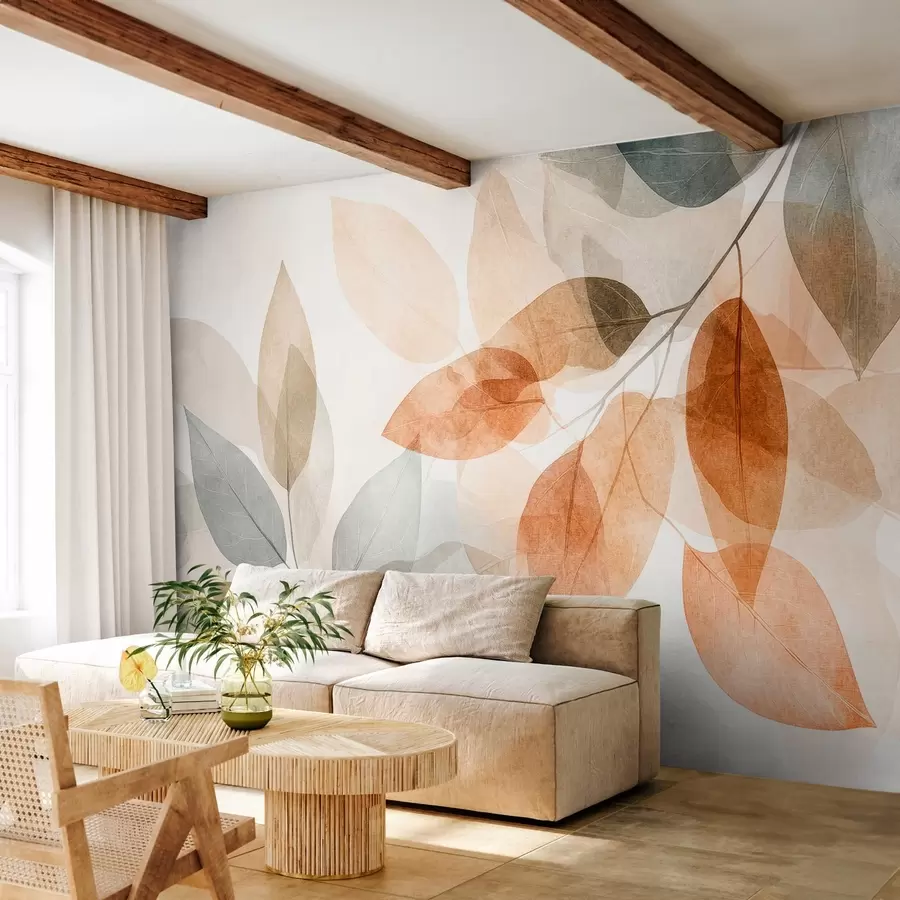 Wall Mural Photo Wallpaper watercolor-style leaves in shades of sepia and gray w04024