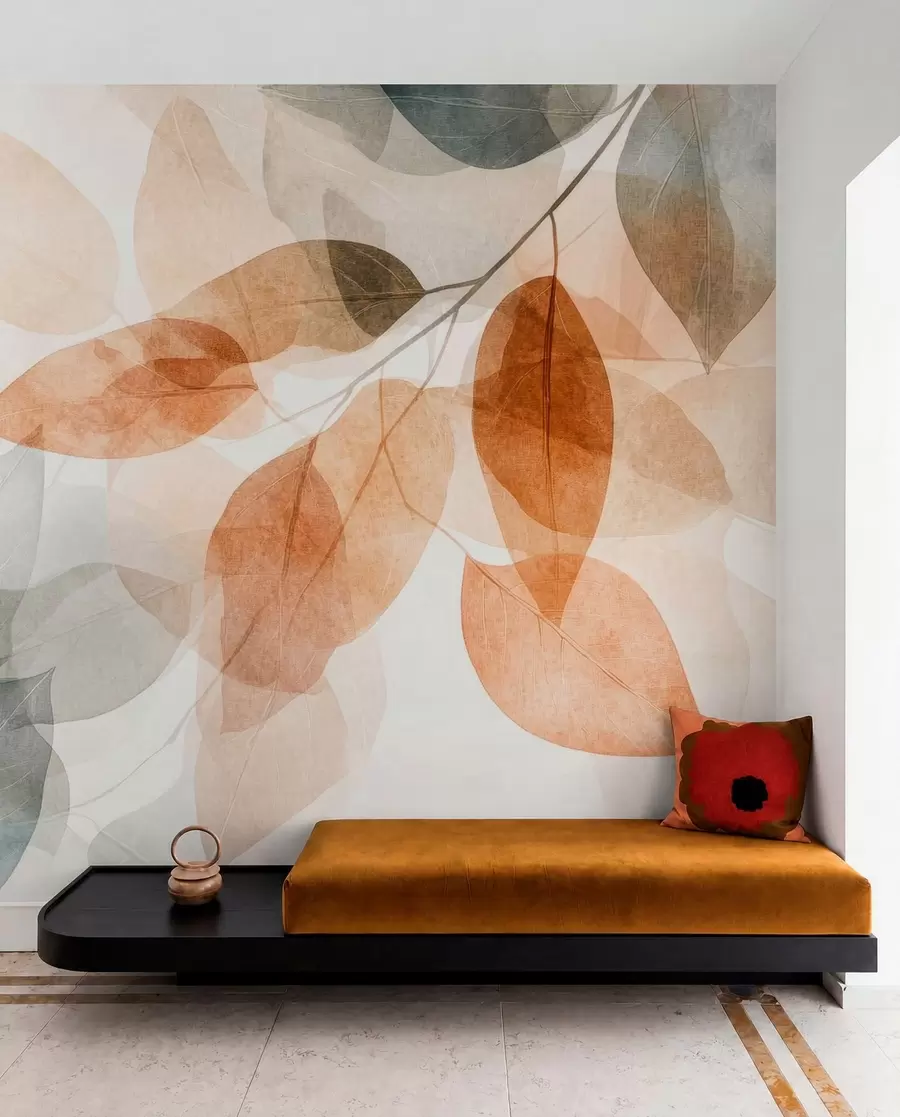 peintures murales feuilles de style aquarelle dans des tons de sépia et de gris w04024