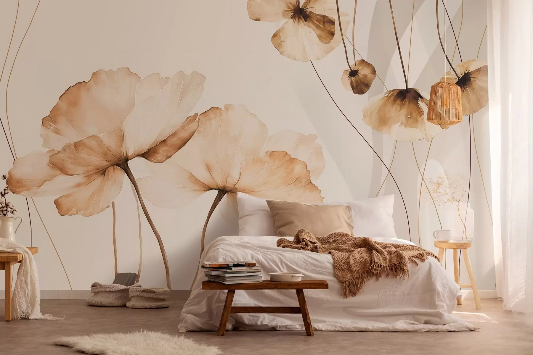 wall murals watercolor-style flowers in brown tones w04026