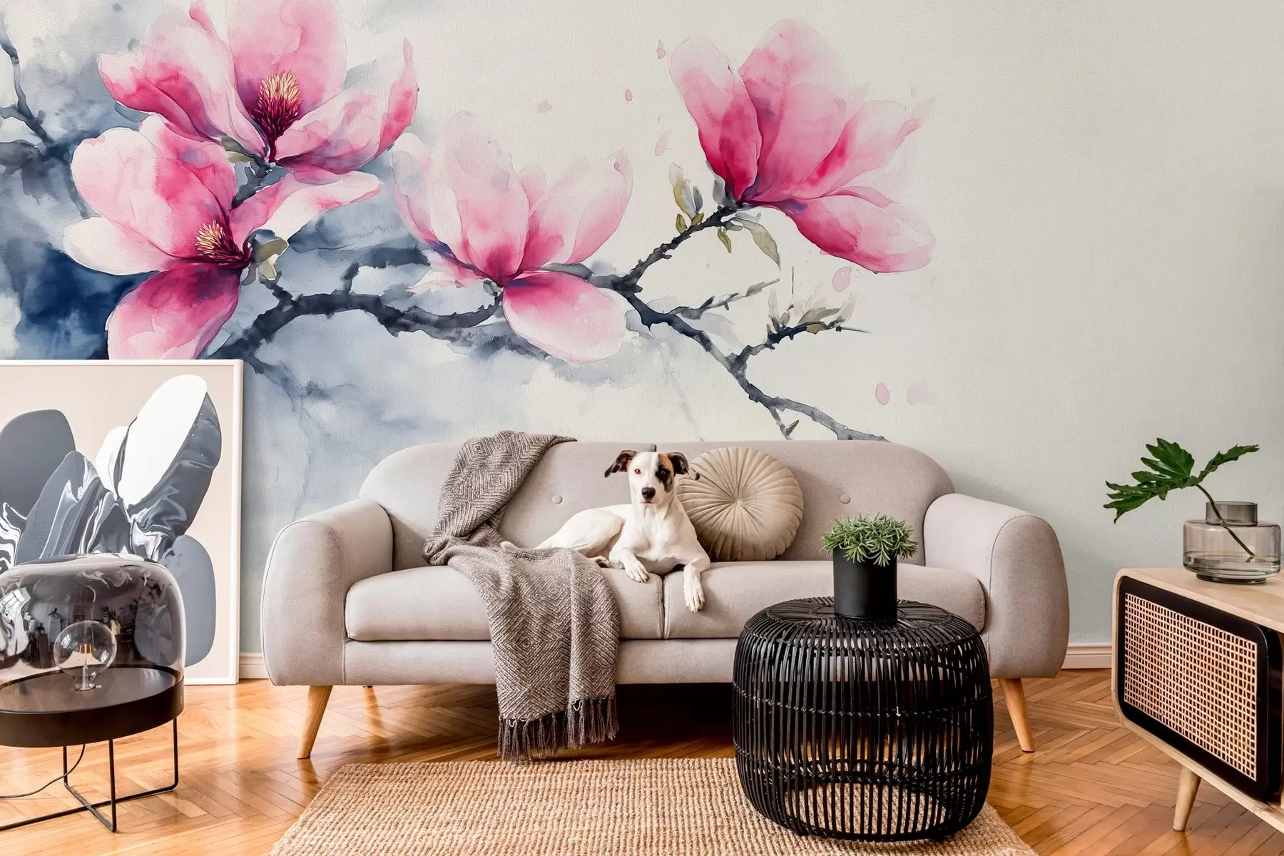 murales rama floreciente de magnolia rosa sobre fondo marfil w04027