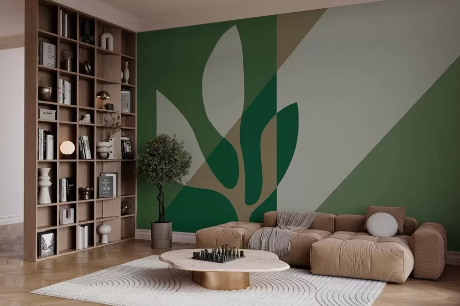 murais de parede planta gráfica abstrata sobre um fundo geométrico de cor verde e ocre w04028
