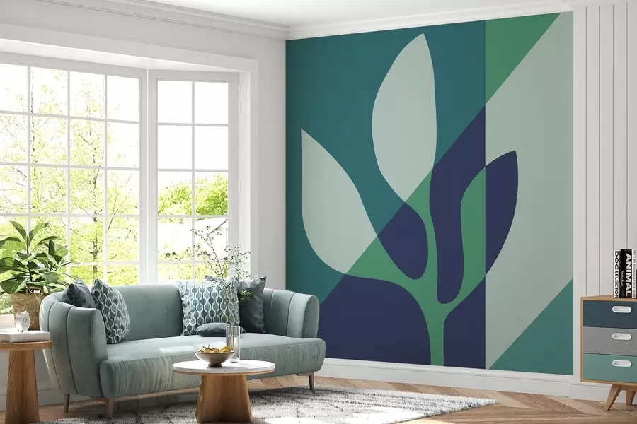 Wall Mural Photo Wallpaper abstract graphic plant on the background of geometry in blue tones w04028v1