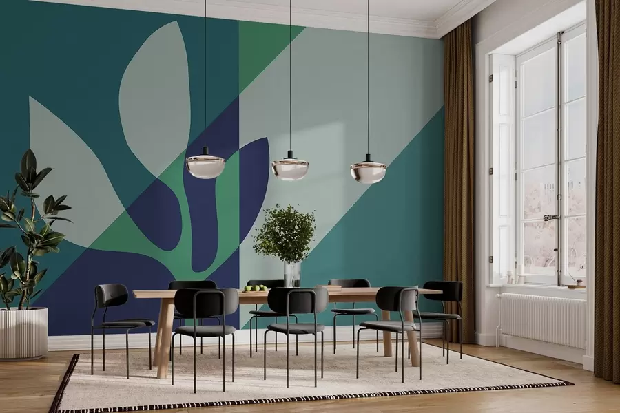 wall murals abstract graphic plant on the background of geometry in blue tones w04028v1