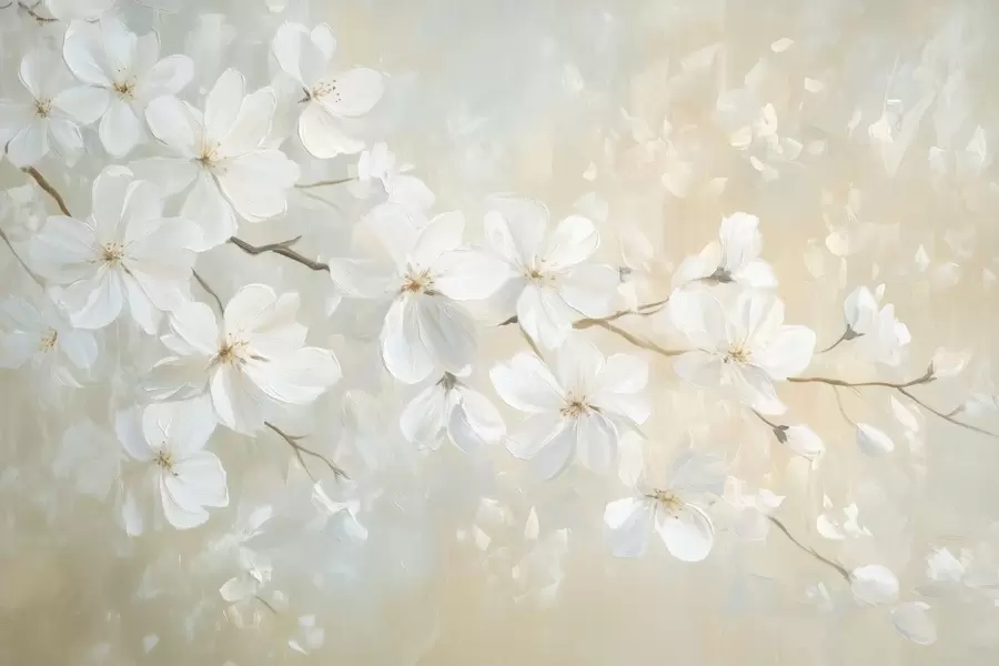 peintures murales branche d'abricot délicatement fleurie dans le style d'une peinture à l'huile aux couleurs pastel w04029