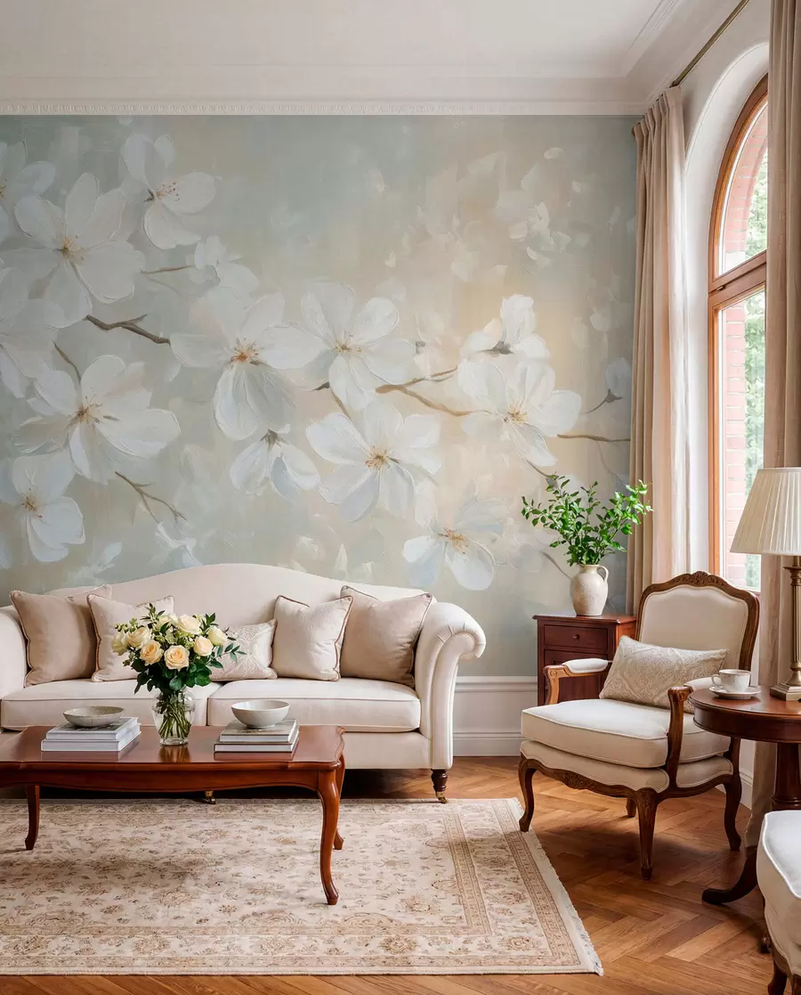 wall murals delicate blooming apricot branch in the style of oil painting in pastel colors w04029