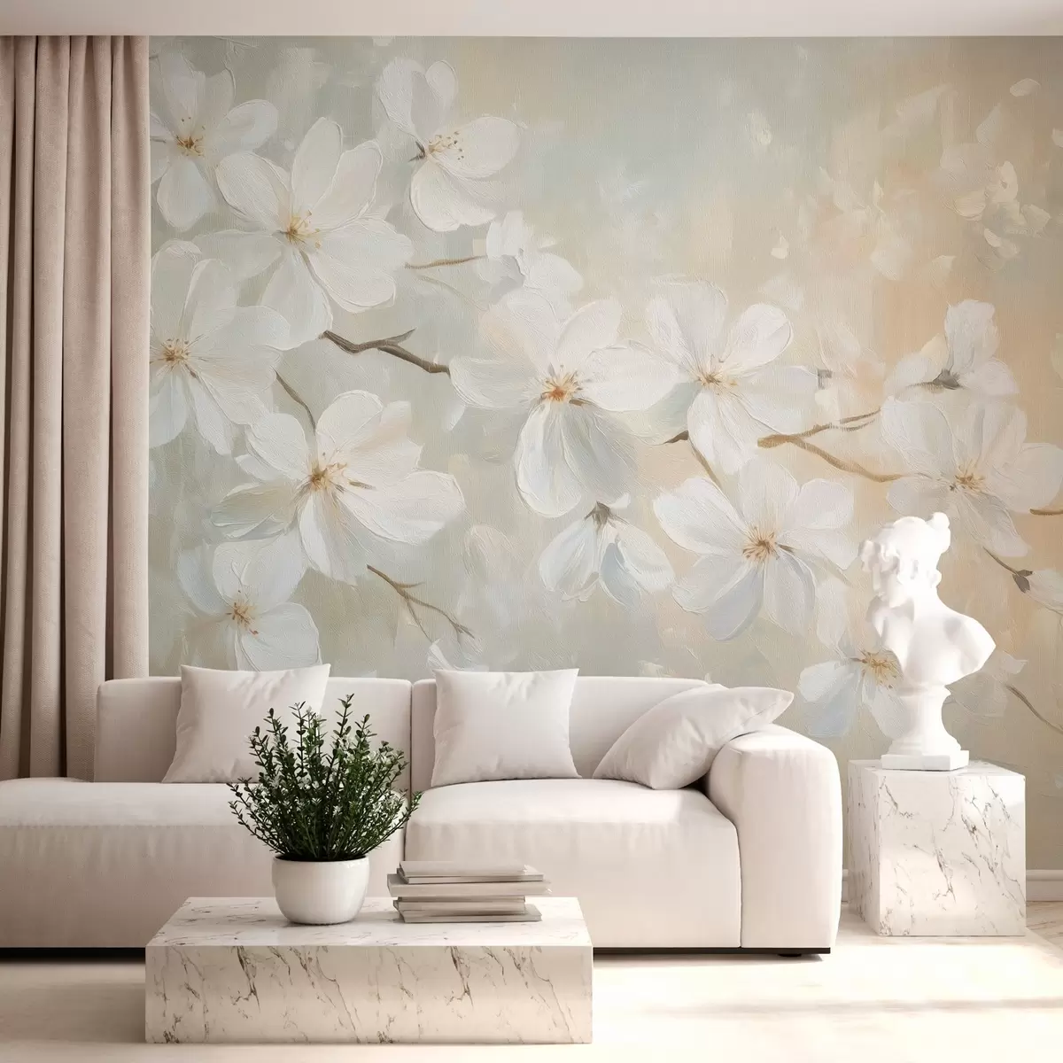 Wall Mural Photo Wallpaper delicate blooming apricot branch in the style of oil painting in pastel colors w04029