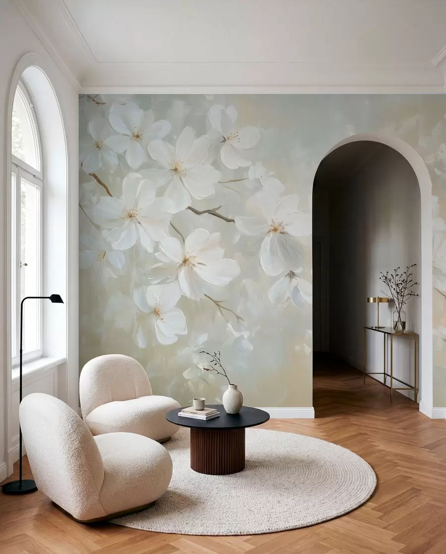 Wall Mural Photo Wallpaper delicate blooming apricot branch in the style of oil painting in pastel colors w04029