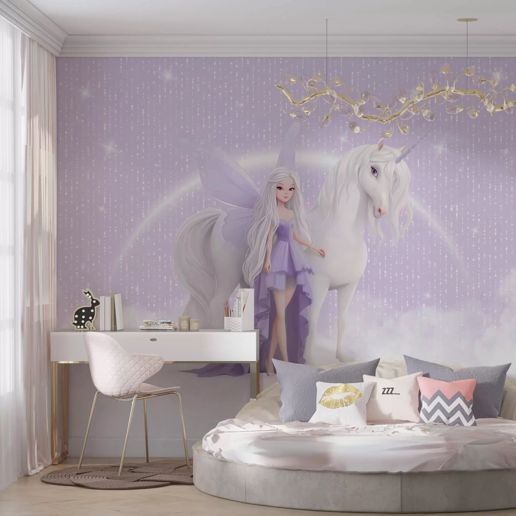 peintures murales Une fée avec une licorne dans les nuages w03527