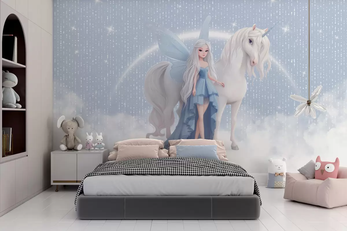 peintures murales Une fée avec une licorne dans les nuages w03527v1