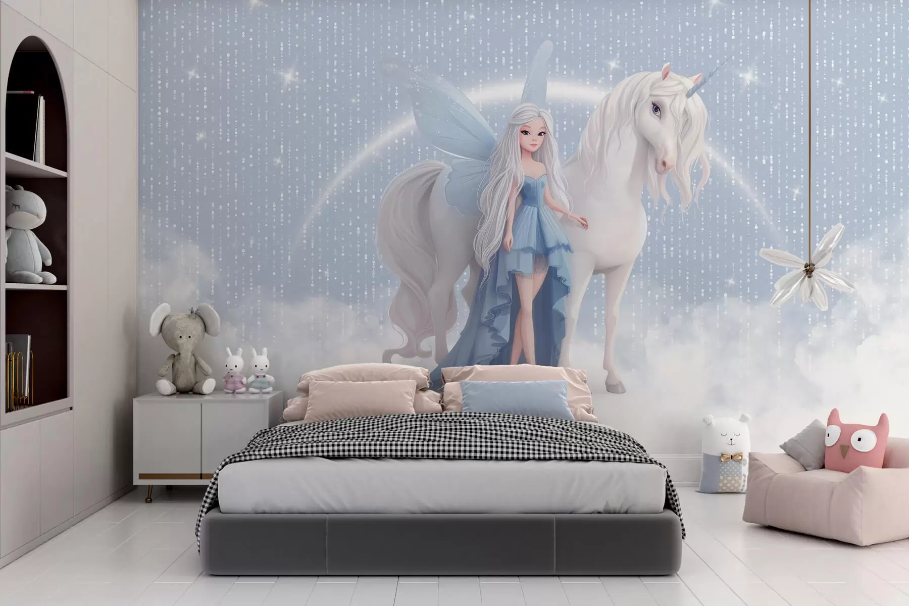 wall murals A fairy with a unicorn among the clouds w03527v1