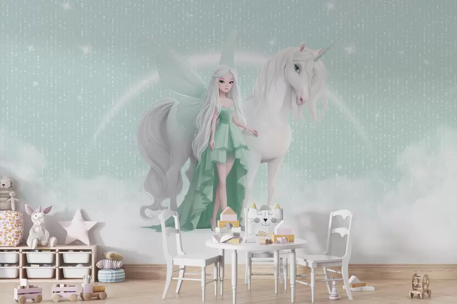 peintures murales Une fée avec une licorne dans les nuages w03527v2