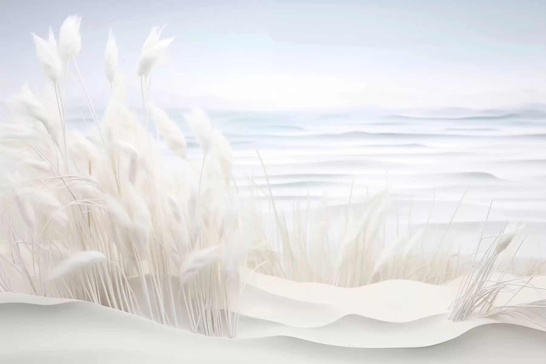 Wall Mural Photo Wallpaper Landscape with white pampas grass on a sand dune, with a light blue ocean in the background, soft, minimalist style w09132
