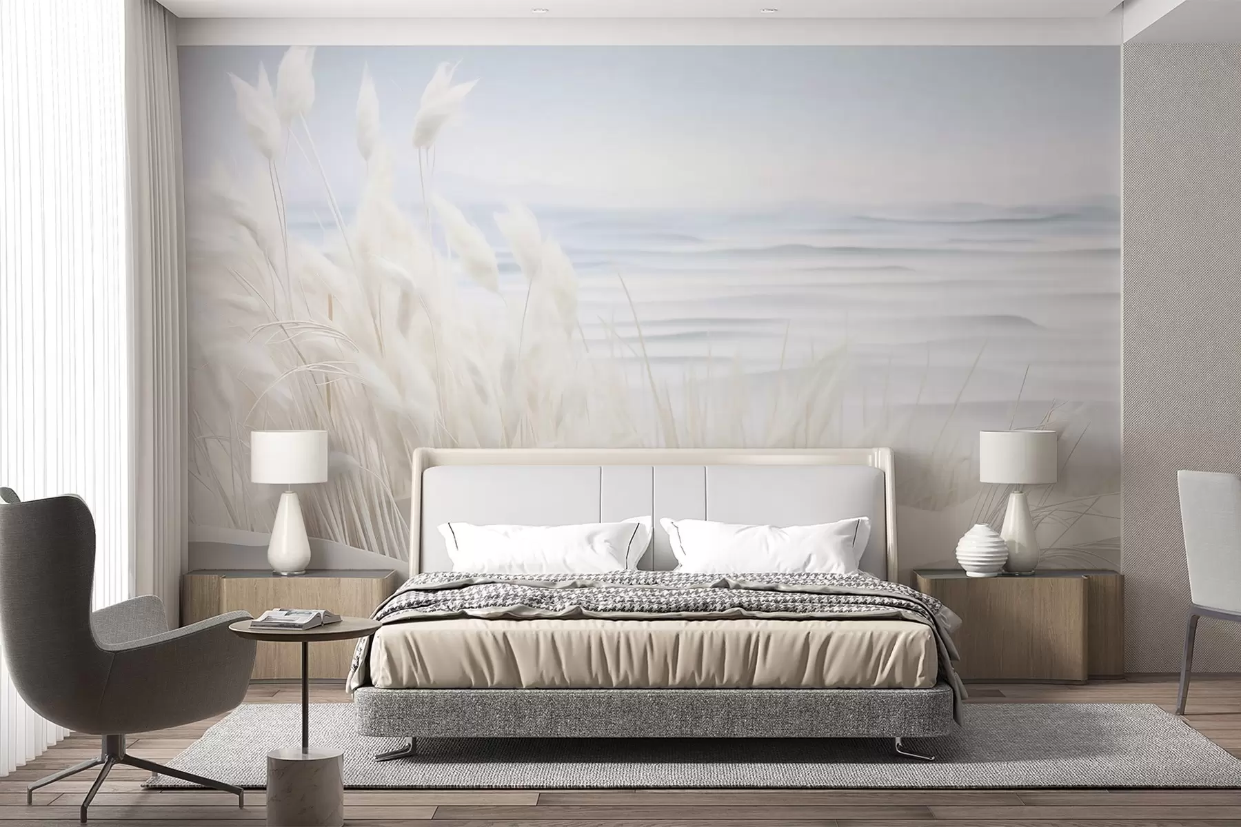 Wall Mural Photo Wallpaper Landscape with white pampas grass on a sand dune, with a light blue ocean in the background, soft, minimalist style w09132