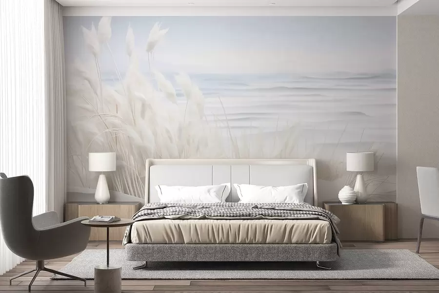 murales Paisaje con hierba de pampa blanca sobre una duna de arena, con un océano azul claro de fondo, estilo suave y minimalista w09132