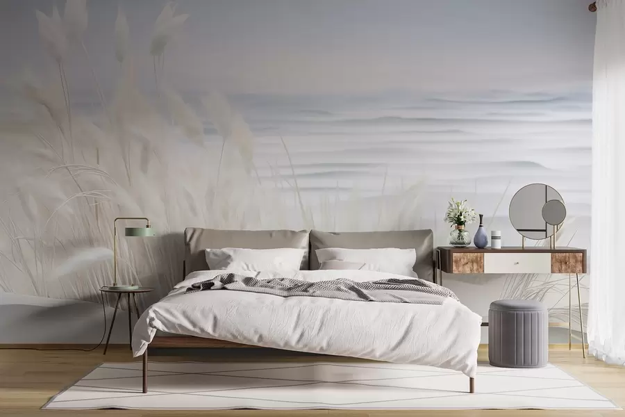 Wall Mural Photo Wallpaper Landscape with white pampas grass on a sand dune, with a light blue ocean in the background, soft, minimalist style w09132