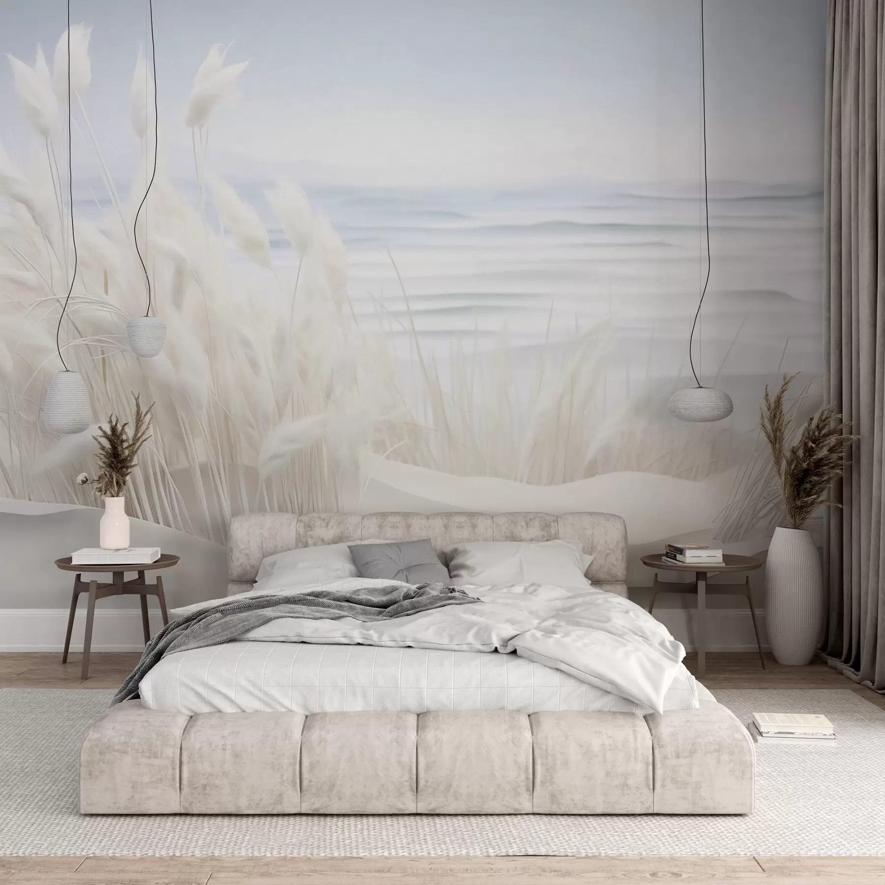 murales Paisaje con hierba de pampa blanca sobre una duna de arena, con un océano azul claro de fondo, estilo suave y minimalista w09132