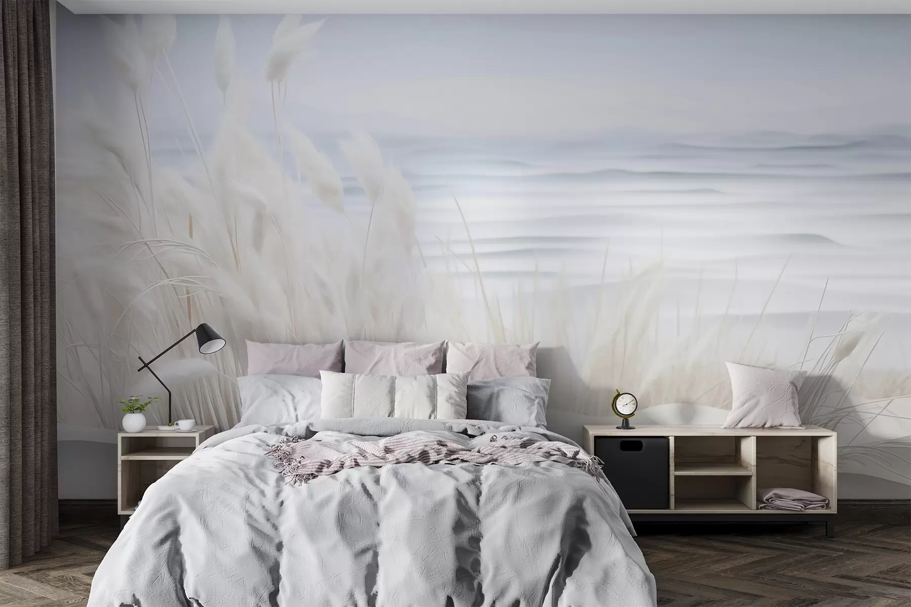 Wall Mural Photo Wallpaper Landscape with white pampas grass on a sand dune, with a light blue ocean in the background, soft, minimalist style w09132