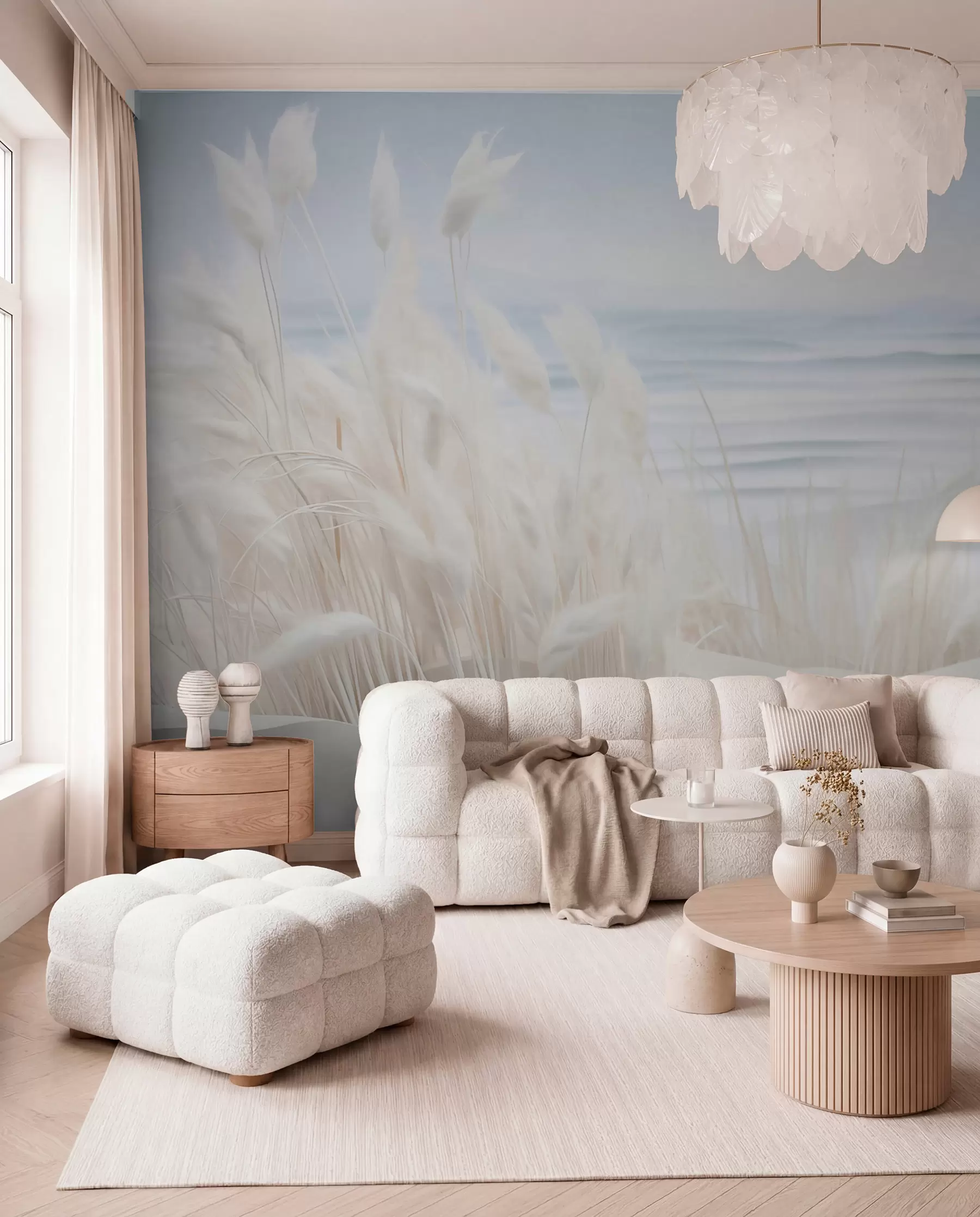 Wall Mural Photo Wallpaper Landscape with white pampas grass on a sand dune, with a light blue ocean in the background, soft, minimalist style w09132