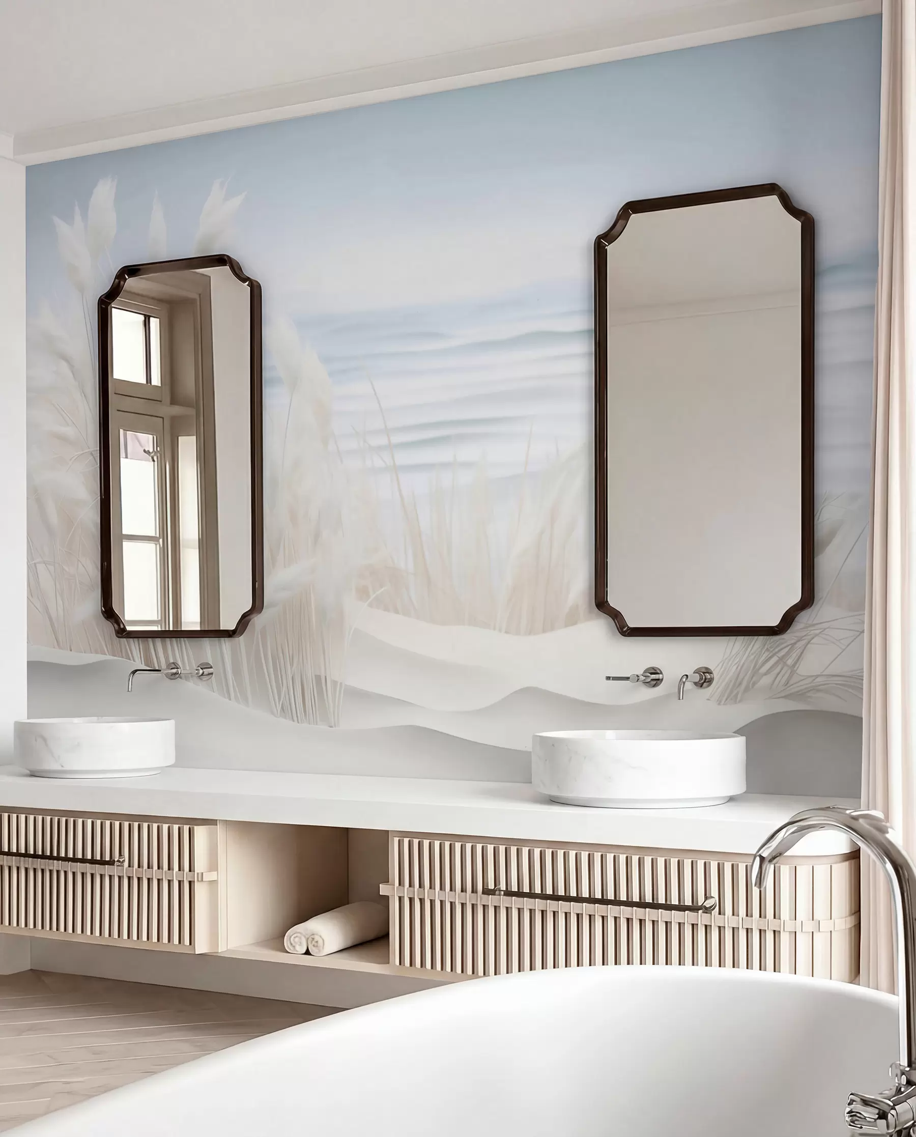 wall murals Landscape with white pampas grass on a sand dune, with a light blue ocean in the background, soft, minimalist style w09132