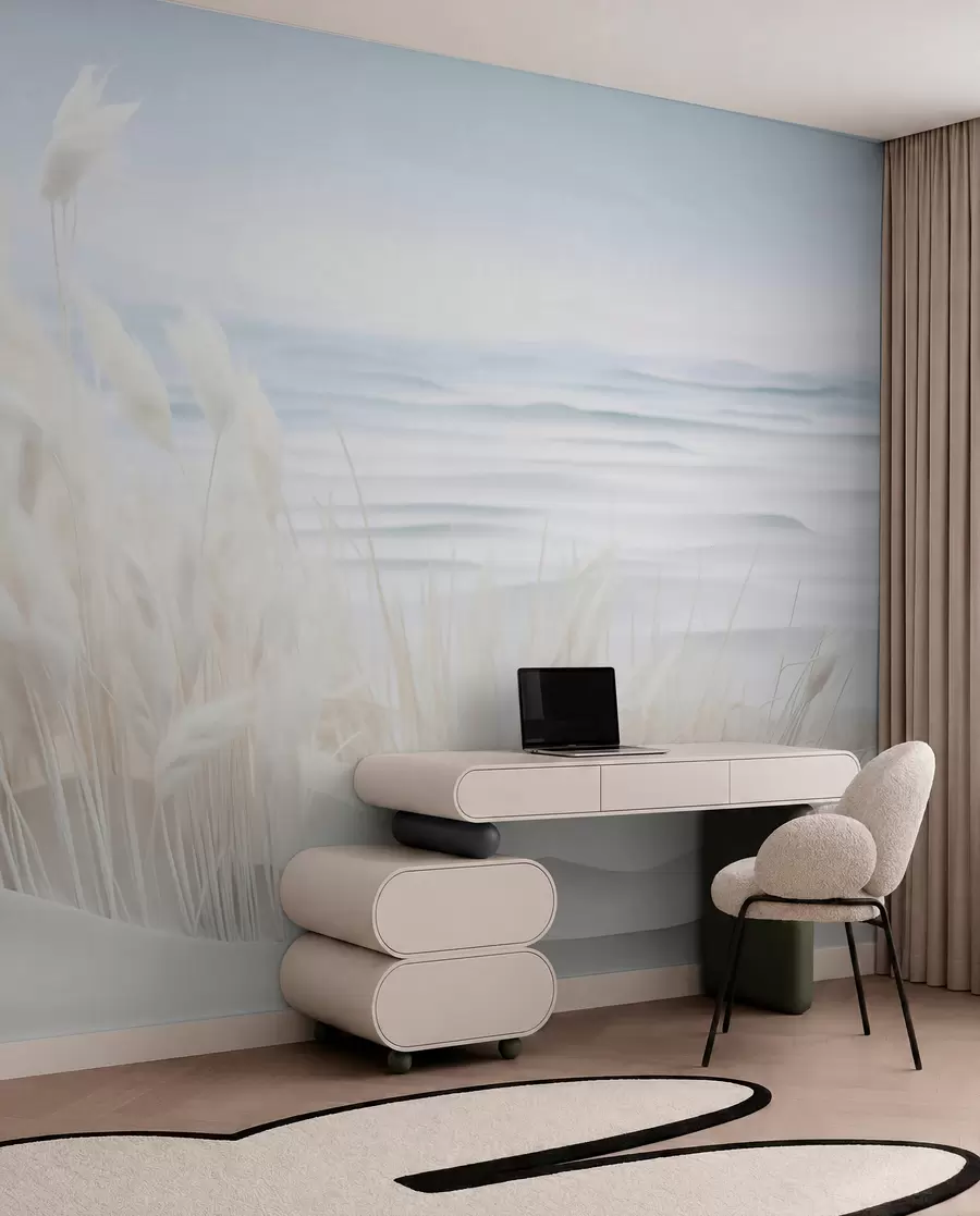 wall murals Landscape with white pampas grass on a sand dune, with a light blue ocean in the background, soft, minimalist style w09132