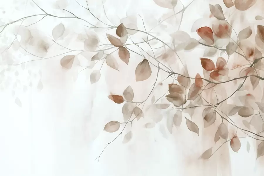 murales Pintura en acuarela con textura imitando hojas y ramas marrones, colores suaves, detalles delicados sobre fondo blanco w09133