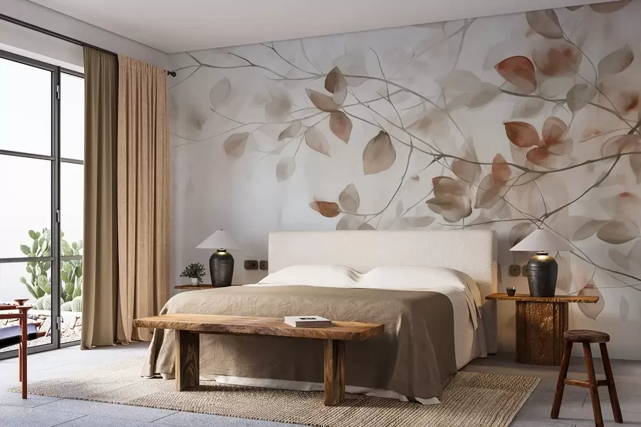 Wall Mural Photo Wallpaper Textural watercolor painting imitation of brown leaves and branches, soft colors, delicate details against a white background w09133