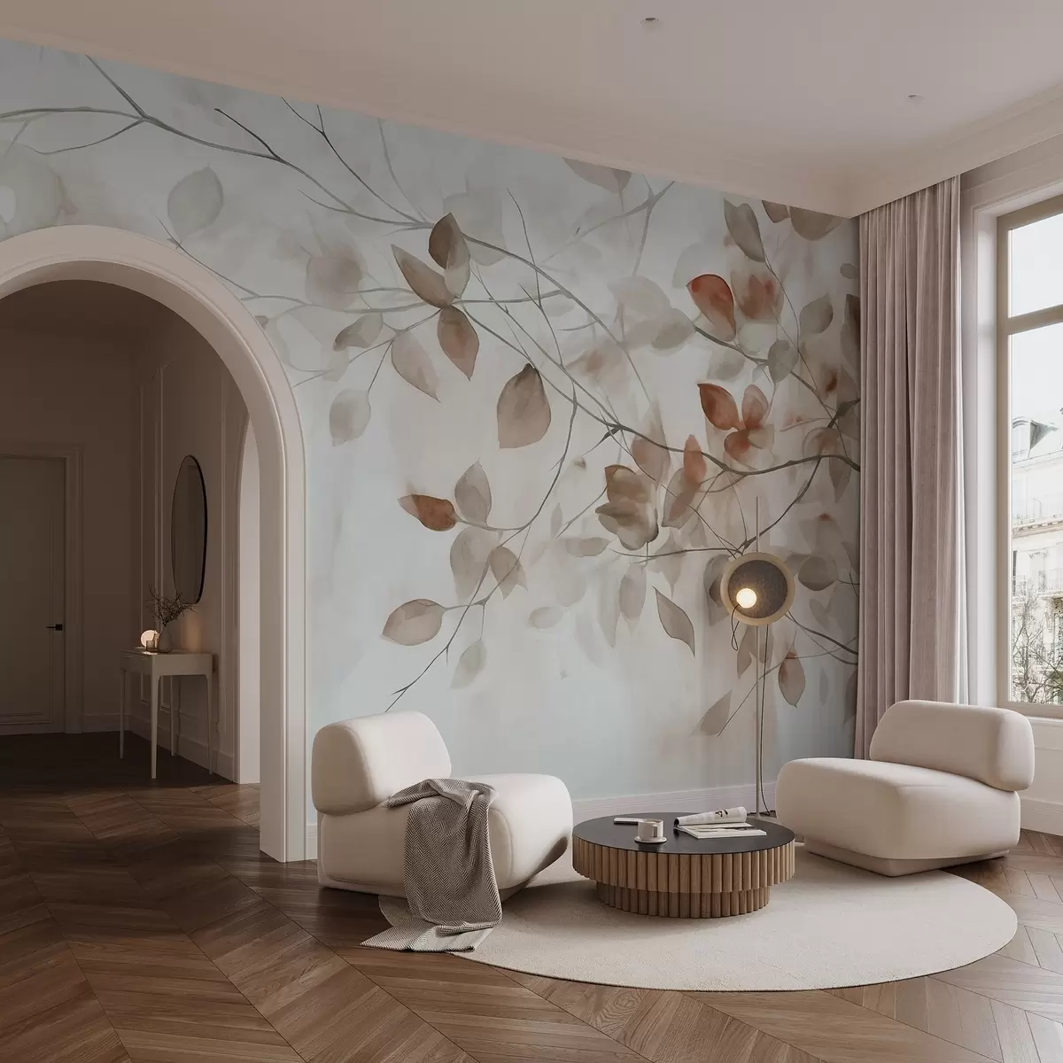 wall murals Textural watercolor painting imitation of brown leaves and branches, soft colors, delicate details against a white background w09133