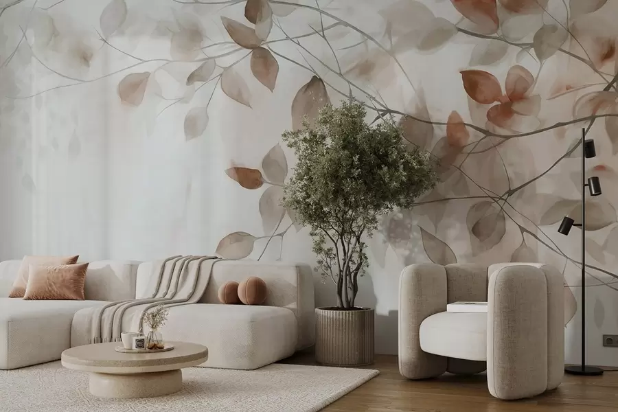 murales Pintura en acuarela con textura imitando hojas y ramas marrones, colores suaves, detalles delicados sobre fondo blanco w09133