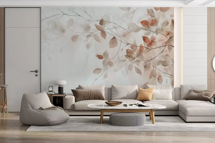 Wall Mural Photo Wallpaper Textural watercolor painting imitation of brown leaves and branches, soft colors, delicate details against a white background w09133