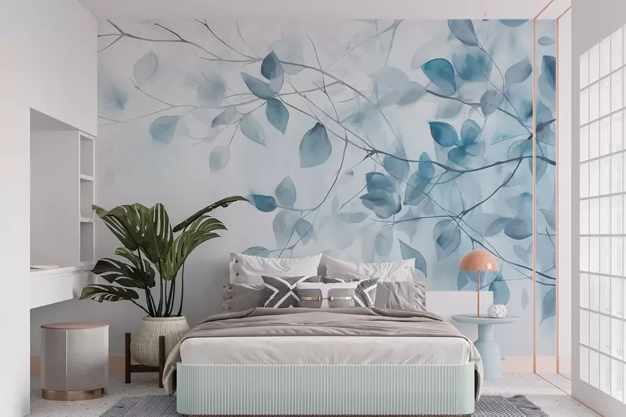 Wall Mural Photo Wallpaper Textural watercolor painting imitation of blue leaves and branches, soft colors, delicate details against a white background w09133v1