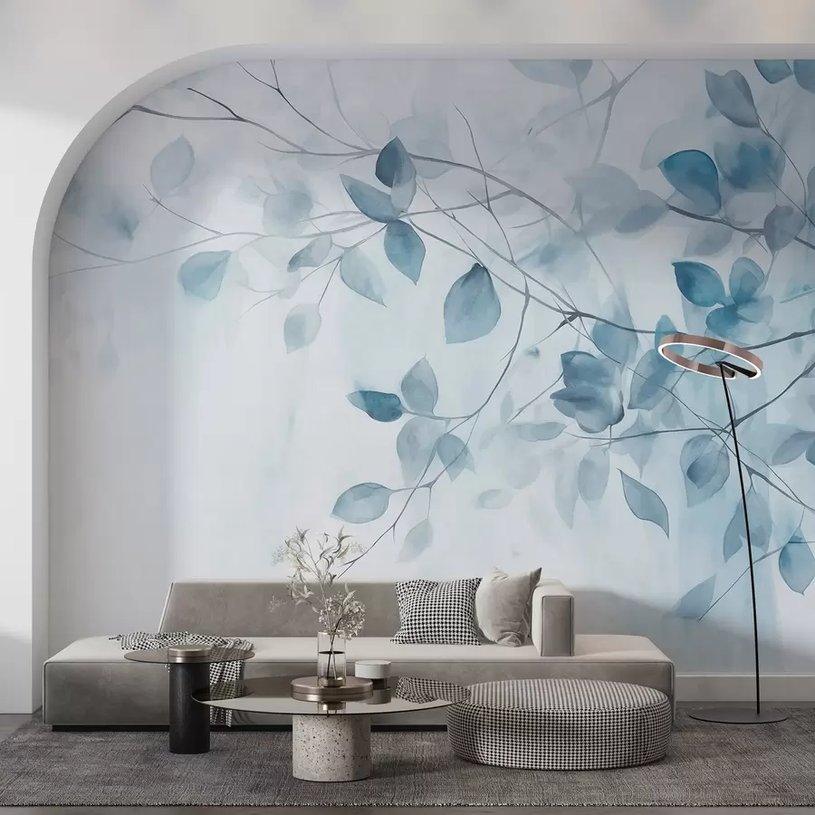 Wall Mural Photo Wallpaper Textural watercolor painting imitation of blue leaves and branches, soft colors, delicate details against a white background w09133v1