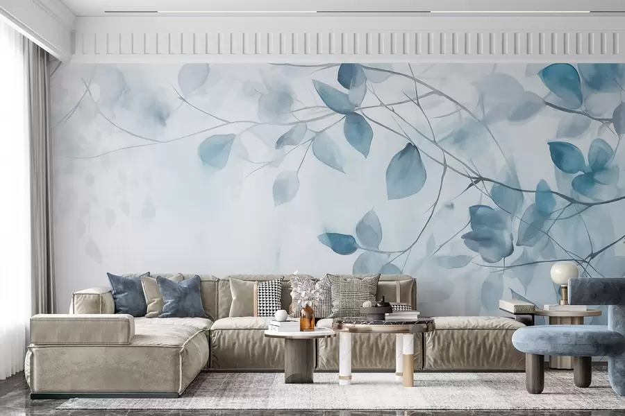 murales Pintura en acuarela con textura imitando hojas y ramas azules, colores suaves, detalles delicados sobre fondo blanco w09133v1
