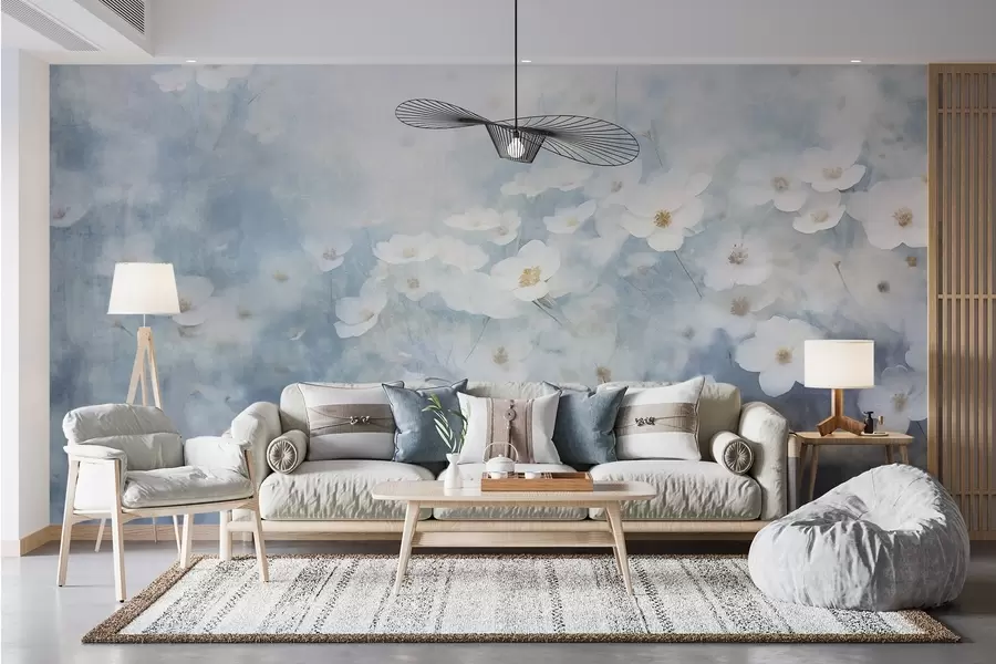 peintures murales Champ texturé de fleurs d'anémones blanches, mise au point douce, atmosphère rêveuse, palette de couleurs bleu clair et blanc, prairie printanière w09134