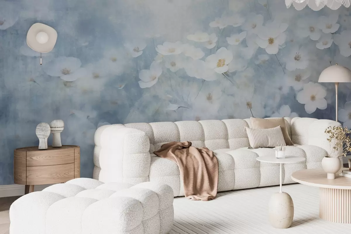 Wall Mural Photo Wallpaper Textural field of white anemone flowers, soft focus, dreamy atmosphere, light blue and white color palette, spring meadow w09134