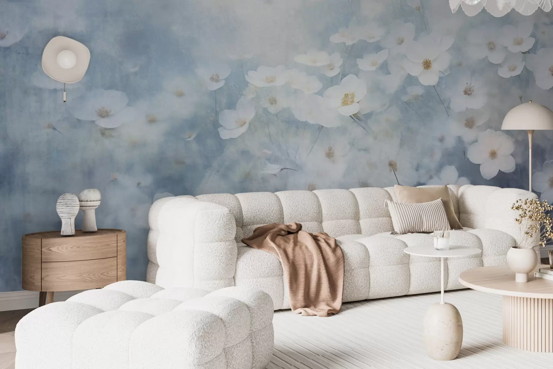 murales Campo texturizado de flores blancas de anémona, enfoque suave, atmósfera de ensueño, paleta de colores azul claro y blanco, prado primaveral w09134