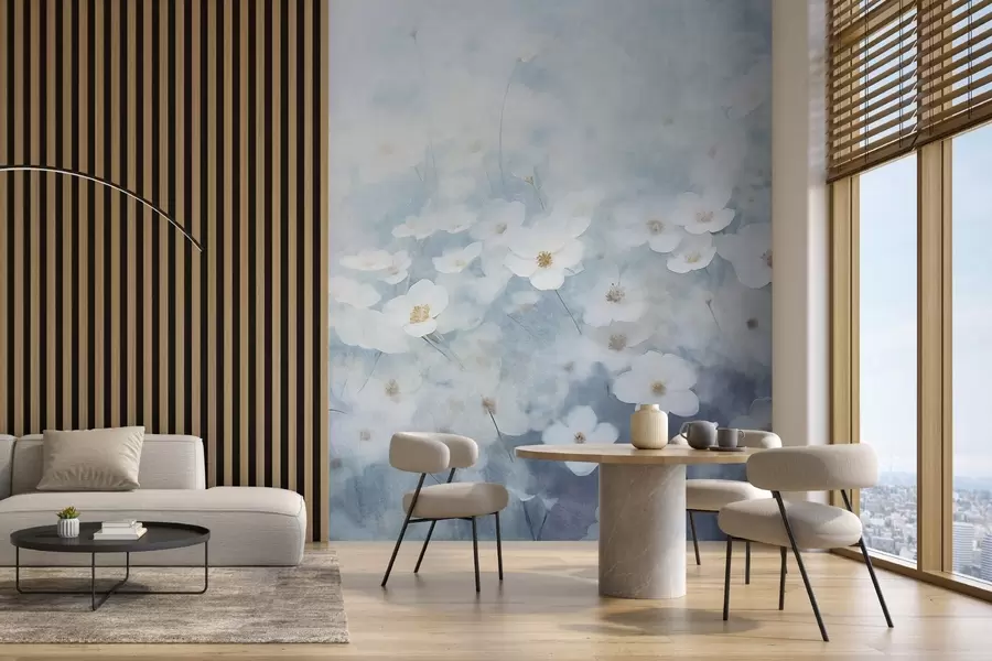 Wall Mural Photo Wallpaper Textural field of white anemone flowers, soft focus, dreamy atmosphere, light blue and white color palette, spring meadow w09134